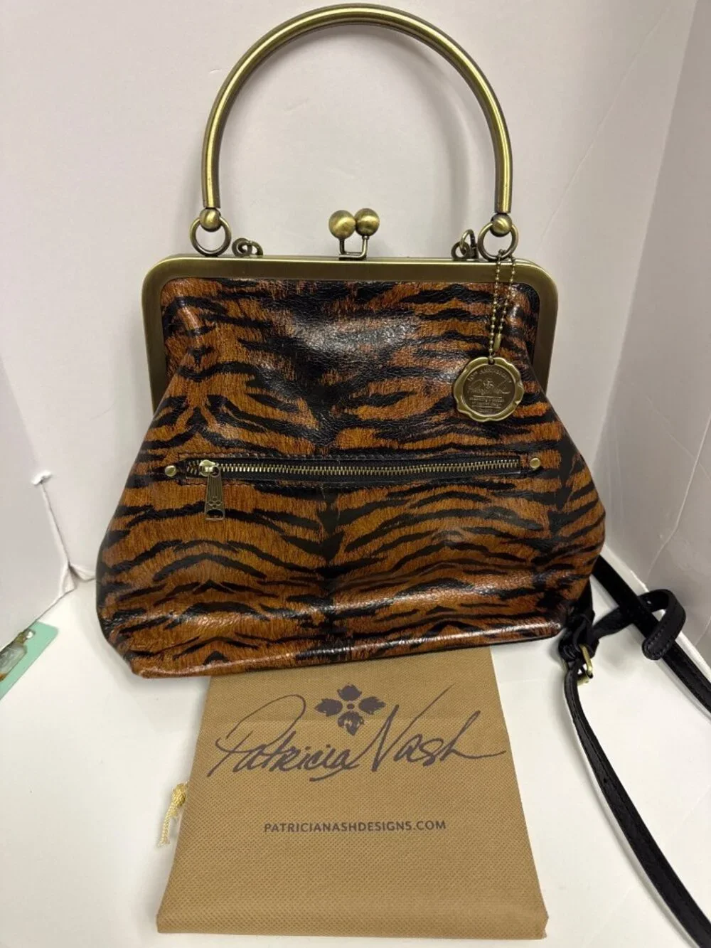 Patricia Nash Novella Frame Bag Tiger Print Leather Kiss Lock Crossbody Satchel